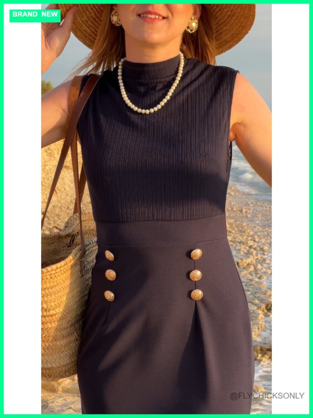 Mock Neck Double Breasted Bodycon Midi Dress Sleeveless Work Dress - Picture 6 of 6